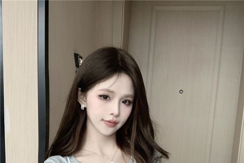 Set: Short-Sleeve Crew Neck Plain Tee + Floral Ruffle Sheer Cami Top