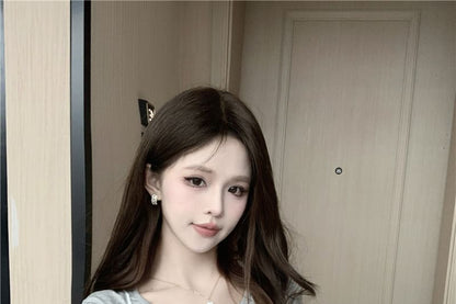 Set: Short-Sleeve Crew Neck Plain Tee + Floral Ruffle Sheer Cami Top