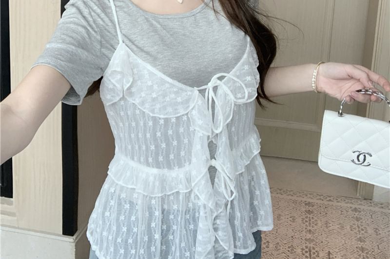 Set: Short-Sleeve Crew Neck Plain Tee + Floral Ruffle Sheer Cami Top