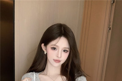 Set: Short-Sleeve Crew Neck Plain Tee + Floral Ruffle Sheer Cami Top