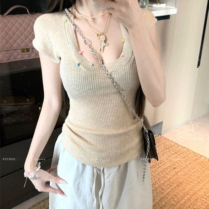 Short-Sleeve Scoop Neck Plain Beaded Sheer T-Shirt
