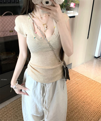 Short-Sleeve Scoop Neck Plain Beaded Sheer T-Shirt
