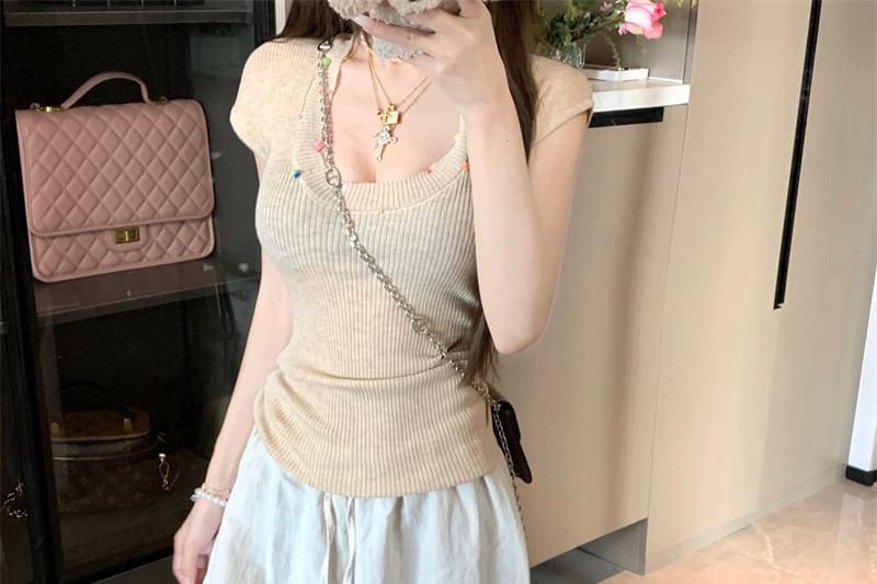 Short-Sleeve Scoop Neck Plain Beaded Sheer T-Shirt
