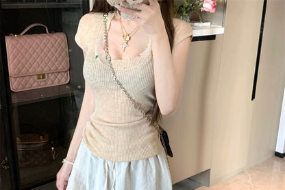 Short-Sleeve Scoop Neck Plain Beaded Sheer T-Shirt