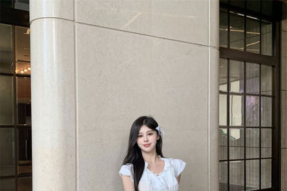 Cap-Sleeve Plain Ruffle Lace Trim T-Shirt