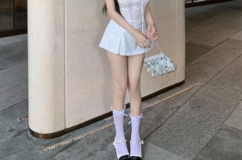 Cap-Sleeve Plain Ruffle Lace Trim T-Shirt