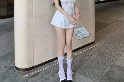 Cap-Sleeve Plain Ruffle Lace Trim T-Shirt