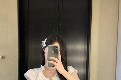 Cap-Sleeve Plain Ruffle Lace Trim T-Shirt