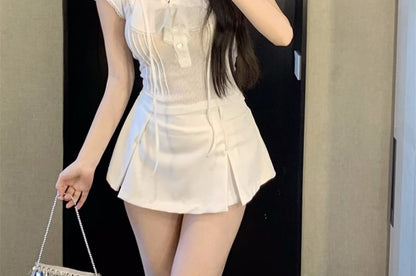 Cap-Sleeve Plain Ruffle Lace Trim T-Shirt