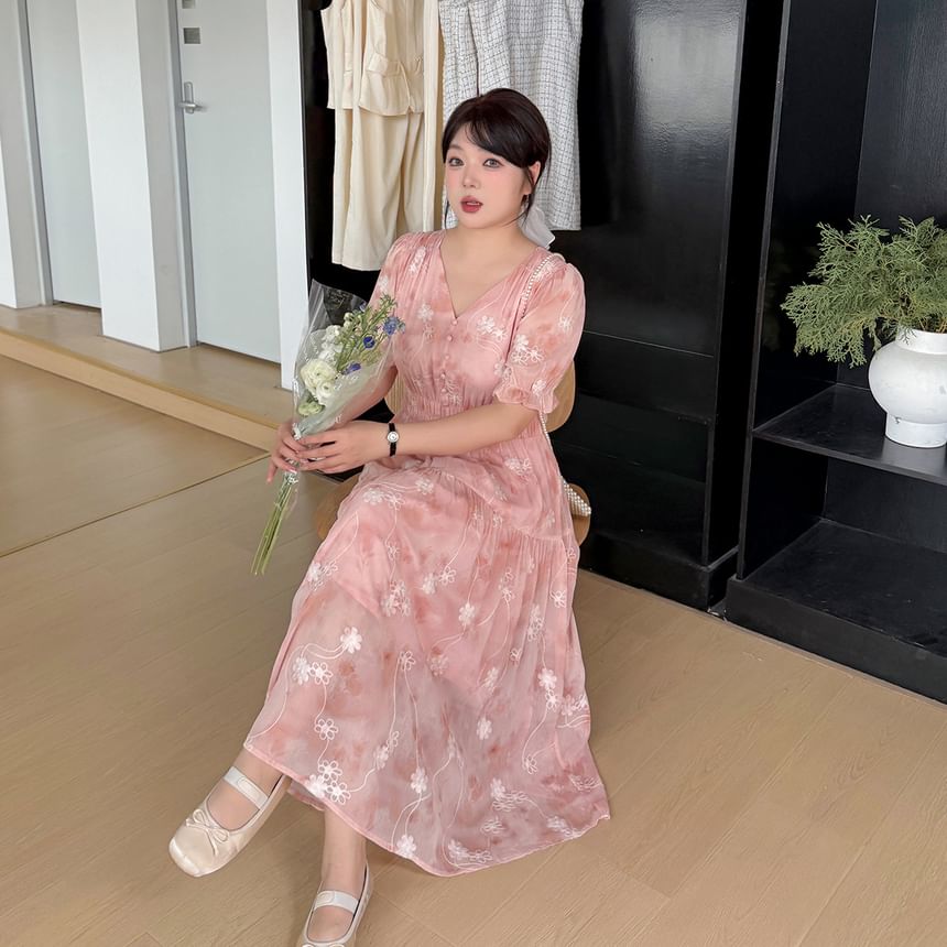 Plus Size Puff-Sleeve V-Neck Floral Midi Sundress