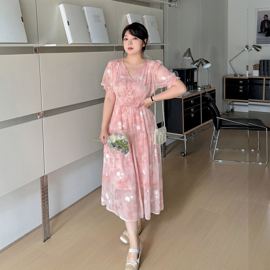 Plus Size Puff-Sleeve V-Neck Floral Midi Sundress