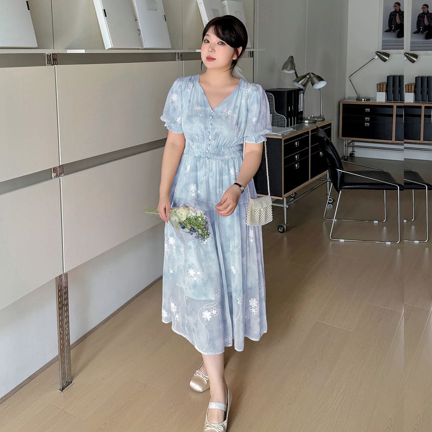Plus Size Puff-Sleeve V-Neck Floral Midi Sundress