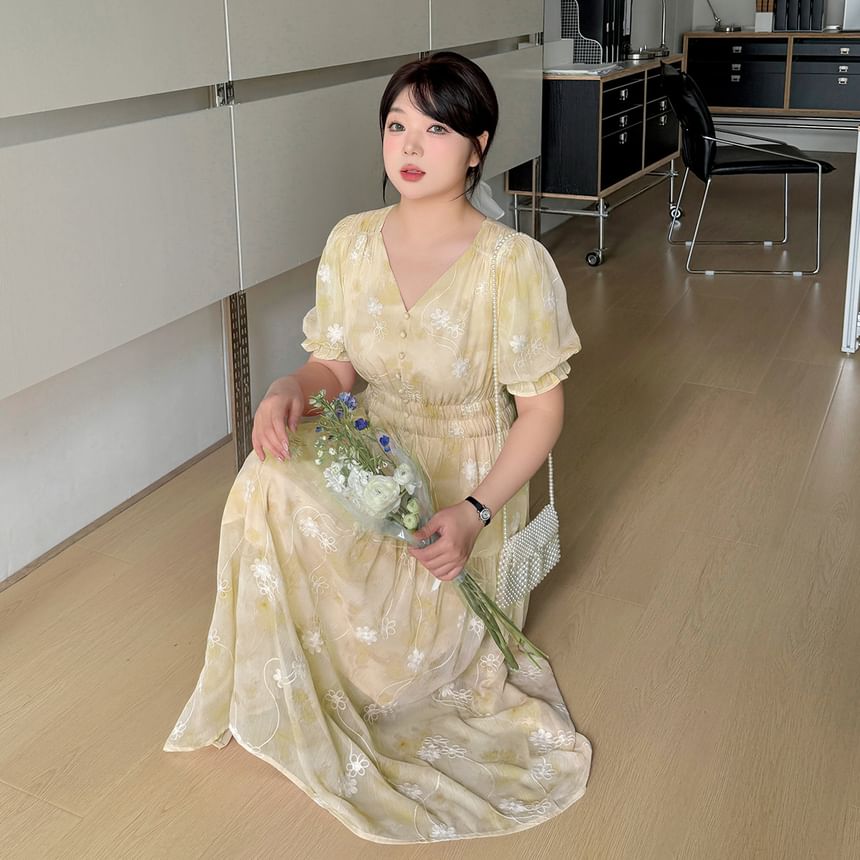 Plus Size Puff-Sleeve V-Neck Floral Midi Sundress