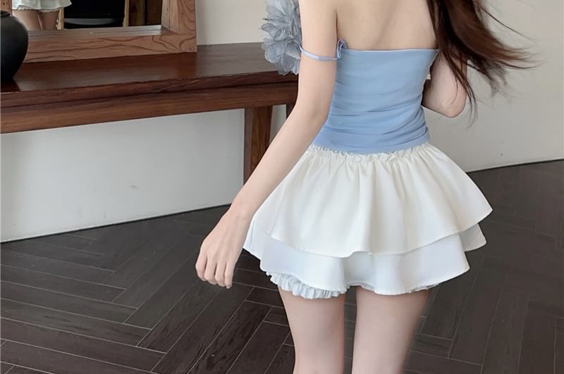 Off-Shoulder Plain Flower Detail T-Shirt