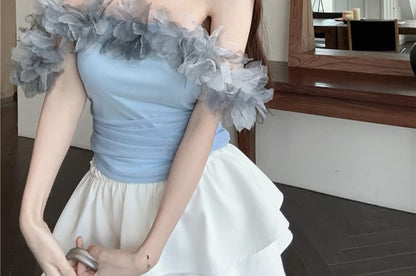 Off-Shoulder Plain Flower Detail T-Shirt