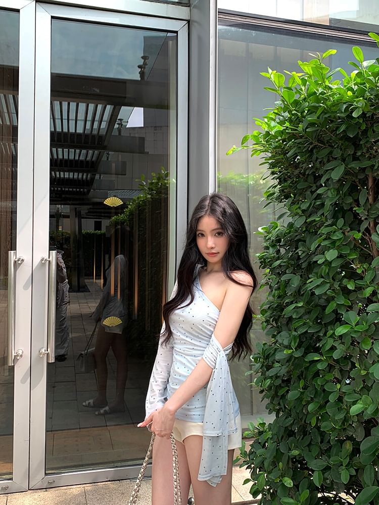 Long-Sleeve One-Shoulder Dotted T-Shirt