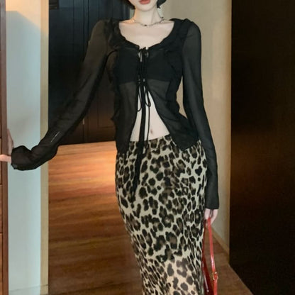 Long-Sleeve Plain Front-Slit Sheer Top / High Waist Leopard Print Maxi Mermaid Skirt
