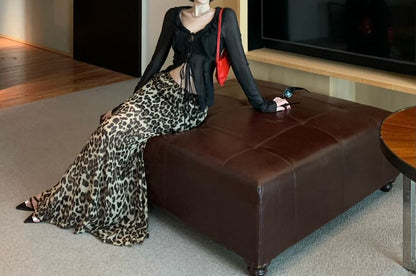Long-Sleeve Plain Front-Slit Sheer Top / High Waist Leopard Print Maxi Mermaid Skirt