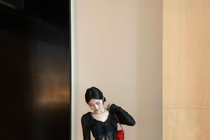 Long-Sleeve Plain Front-Slit Sheer Top / High Waist Leopard Print Maxi Mermaid Skirt