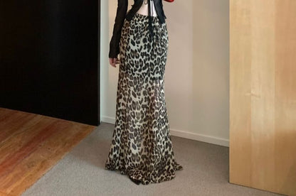 Long-Sleeve Plain Front-Slit Sheer Top / High Waist Leopard Print Maxi Mermaid Skirt