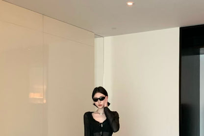 Long-Sleeve Plain Front-Slit Sheer Top / High Waist Leopard Print Maxi Mermaid Skirt