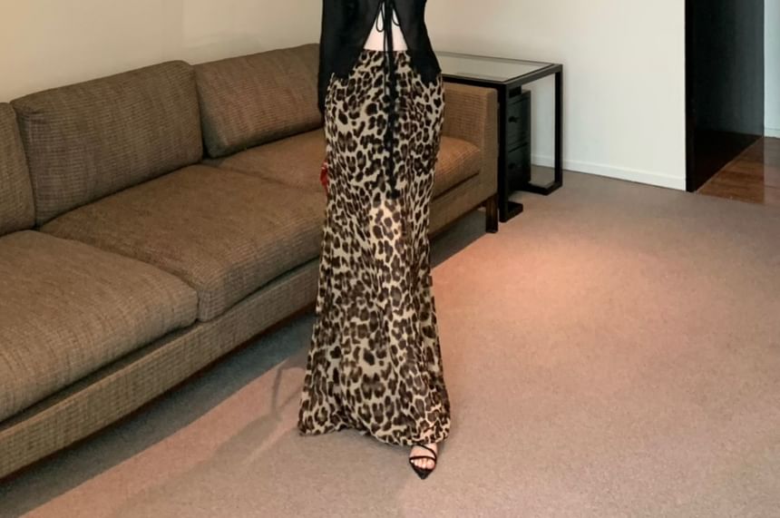 Long-Sleeve Plain Front-Slit Sheer Top / High Waist Leopard Print Maxi Mermaid Skirt