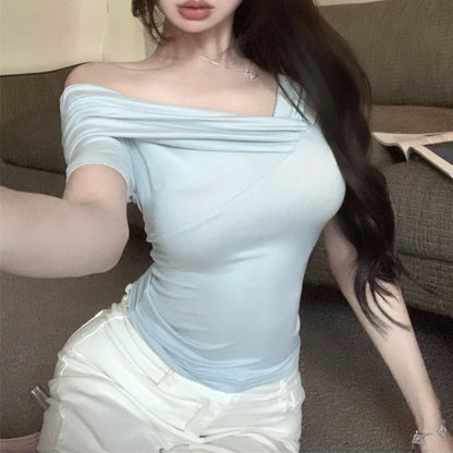 Short-Sleeve One-Shoulder Plain T-Shirt