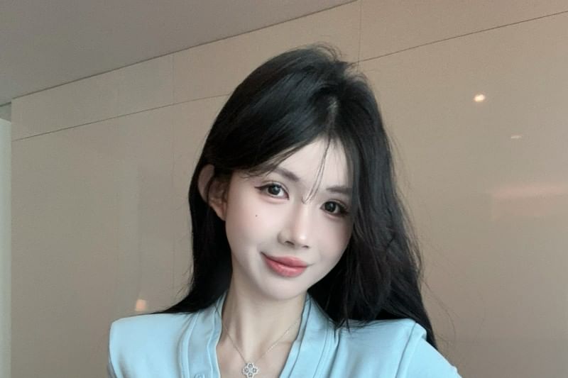 Short-Sleeve V-Neck Plain Lace Trim Ruched T-Shirt