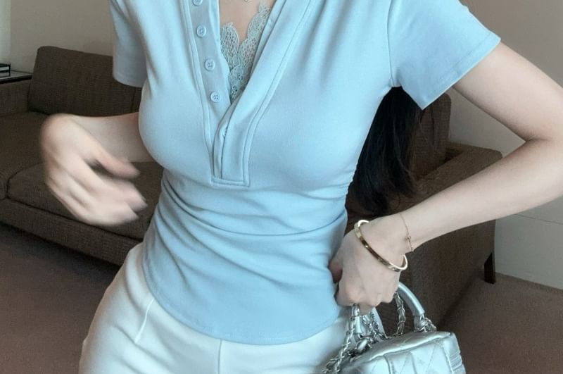Short-Sleeve V-Neck Plain Lace Trim Ruched T-Shirt