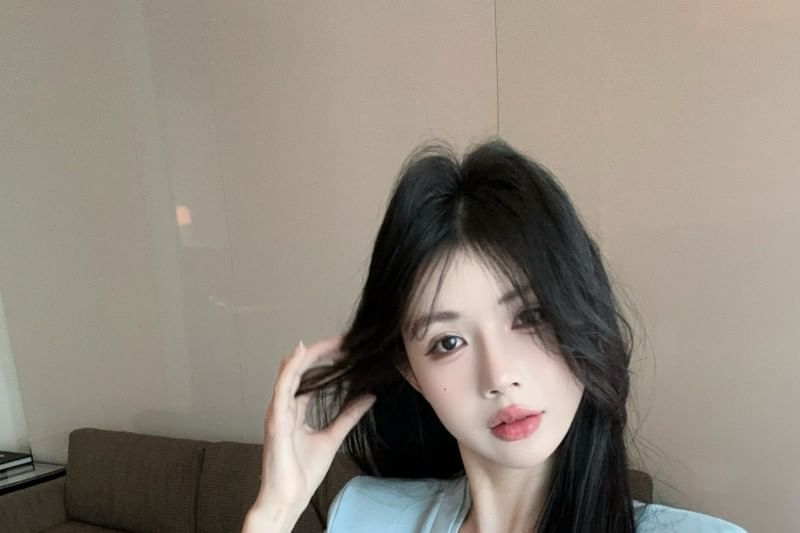 Short-Sleeve V-Neck Plain Lace Trim Ruched T-Shirt