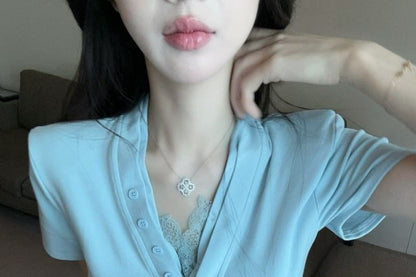 Short-Sleeve V-Neck Plain Lace Trim Ruched T-Shirt