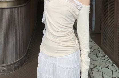 Long-Sleeve One-Shoulder Plain Asymmetrical Lace Trim Ruched Tee / High Rise Maxi A-Line Skirt