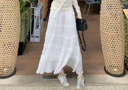 Long-Sleeve One-Shoulder Plain Asymmetrical Lace Trim Ruched Tee / High Rise Maxi A-Line Skirt