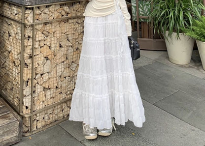 Long-Sleeve One-Shoulder Plain Asymmetrical Lace Trim Ruched Tee / High Rise Maxi A-Line Skirt