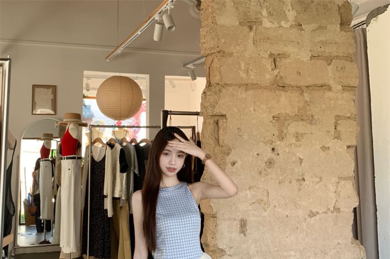 Plaid Panel Asymmetrical Cami Top / High Waist Washed Wide Leg Jeans