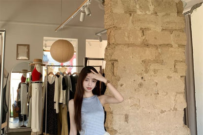 Plaid Panel Asymmetrical Cami Top / High Waist Washed Wide Leg Jeans