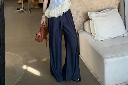Plaid Panel Asymmetrical Cami Top / High Waist Washed Wide Leg Jeans
