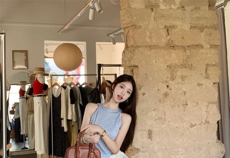 Plaid Panel Asymmetrical Cami Top / High Waist Washed Wide Leg Jeans