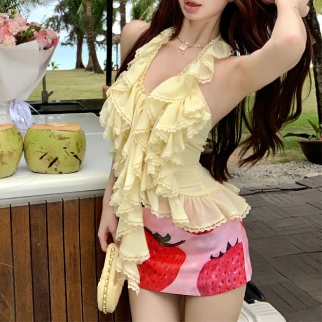 Halter Plain Ruffle Top / High Waist Strawberry Print Mini Pencil Skirt