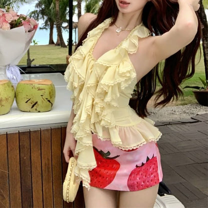 Halter Plain Ruffle Top / High Waist Strawberry Print Mini Pencil Skirt