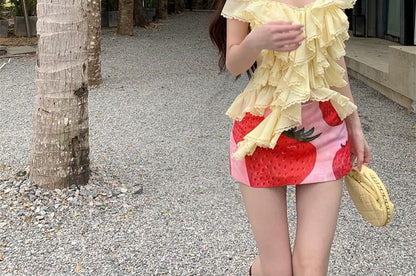 Halter Plain Ruffle Top / High Waist Strawberry Print Mini Pencil Skirt
