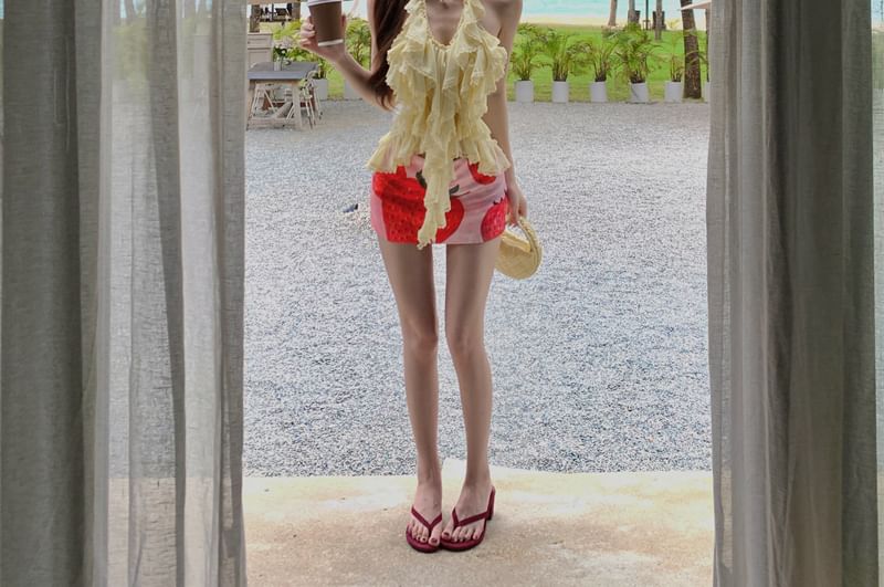Halter Plain Ruffle Top / High Waist Strawberry Print Mini Pencil Skirt