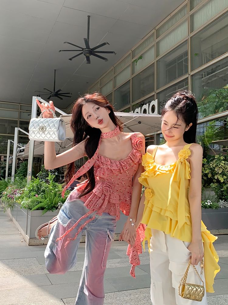 Plain Floral Detail Ruffle Asymmetrical Cami Top