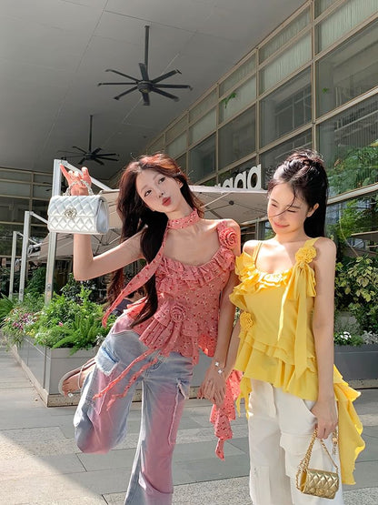 Plain Floral Detail Ruffle Asymmetrical Cami Top