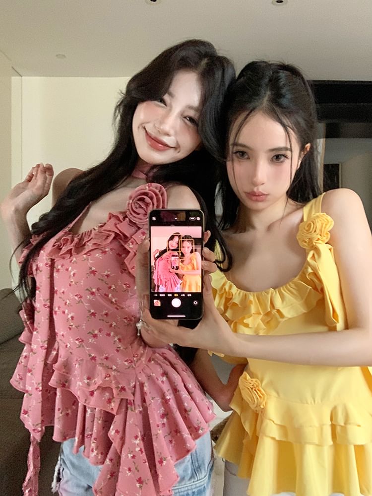 Plain Floral Detail Ruffle Asymmetrical Cami Top