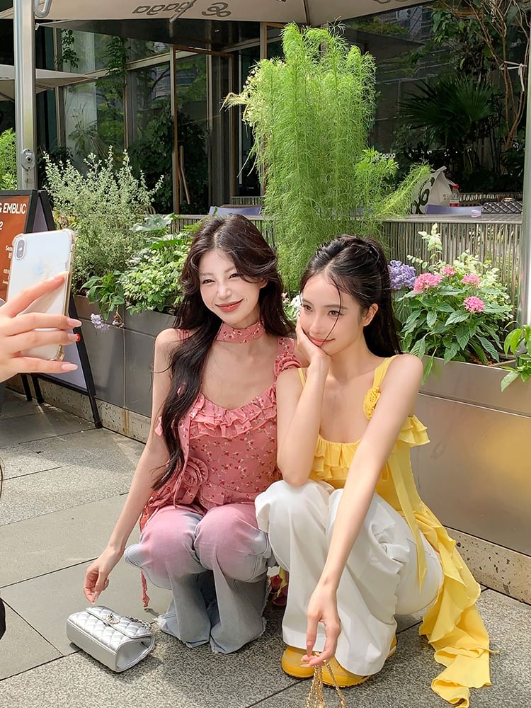 Plain Floral Detail Ruffle Asymmetrical Cami Top