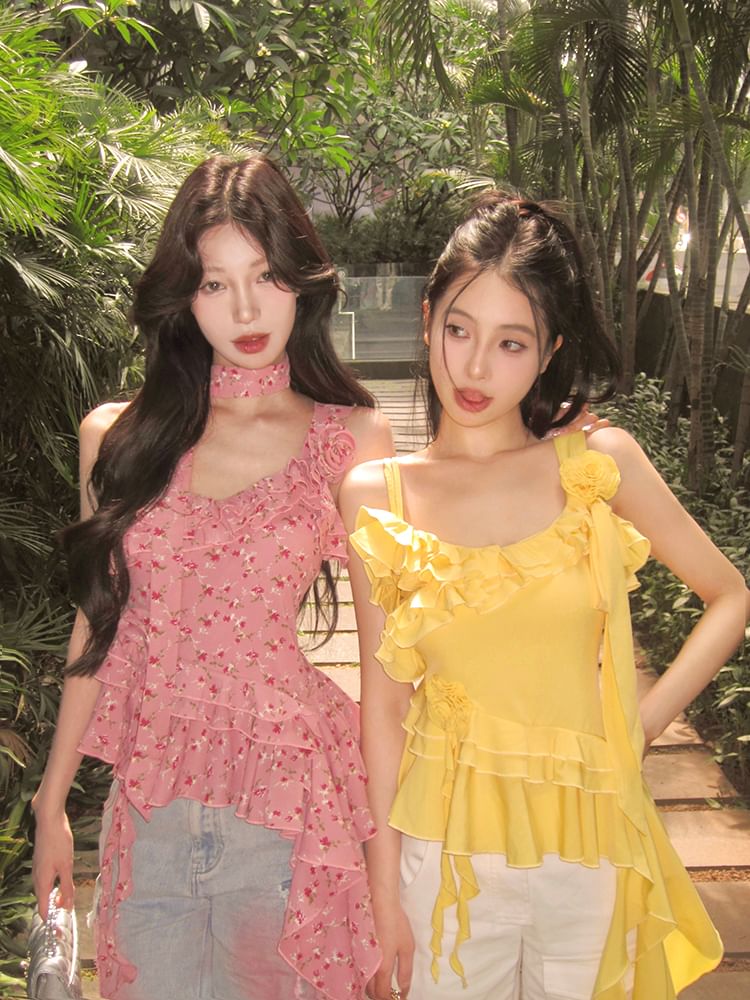 Plain Floral Detail Ruffle Asymmetrical Cami Top