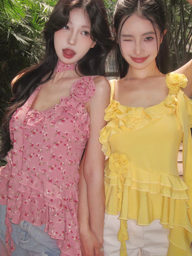 Plain Floral Detail Ruffle Asymmetrical Cami Top