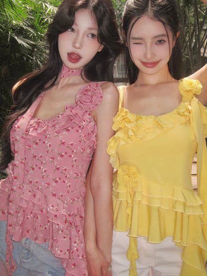 Plain Floral Detail Ruffle Asymmetrical Cami Top