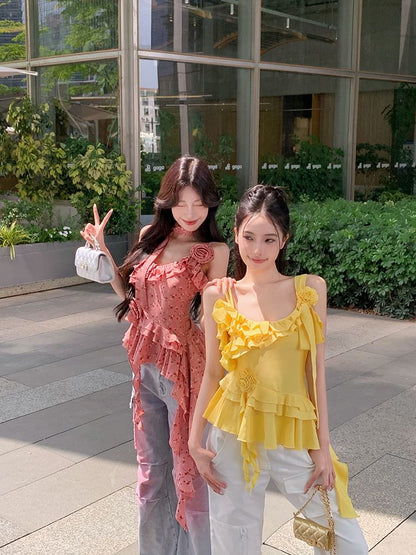 Plain Floral Detail Ruffle Asymmetrical Cami Top